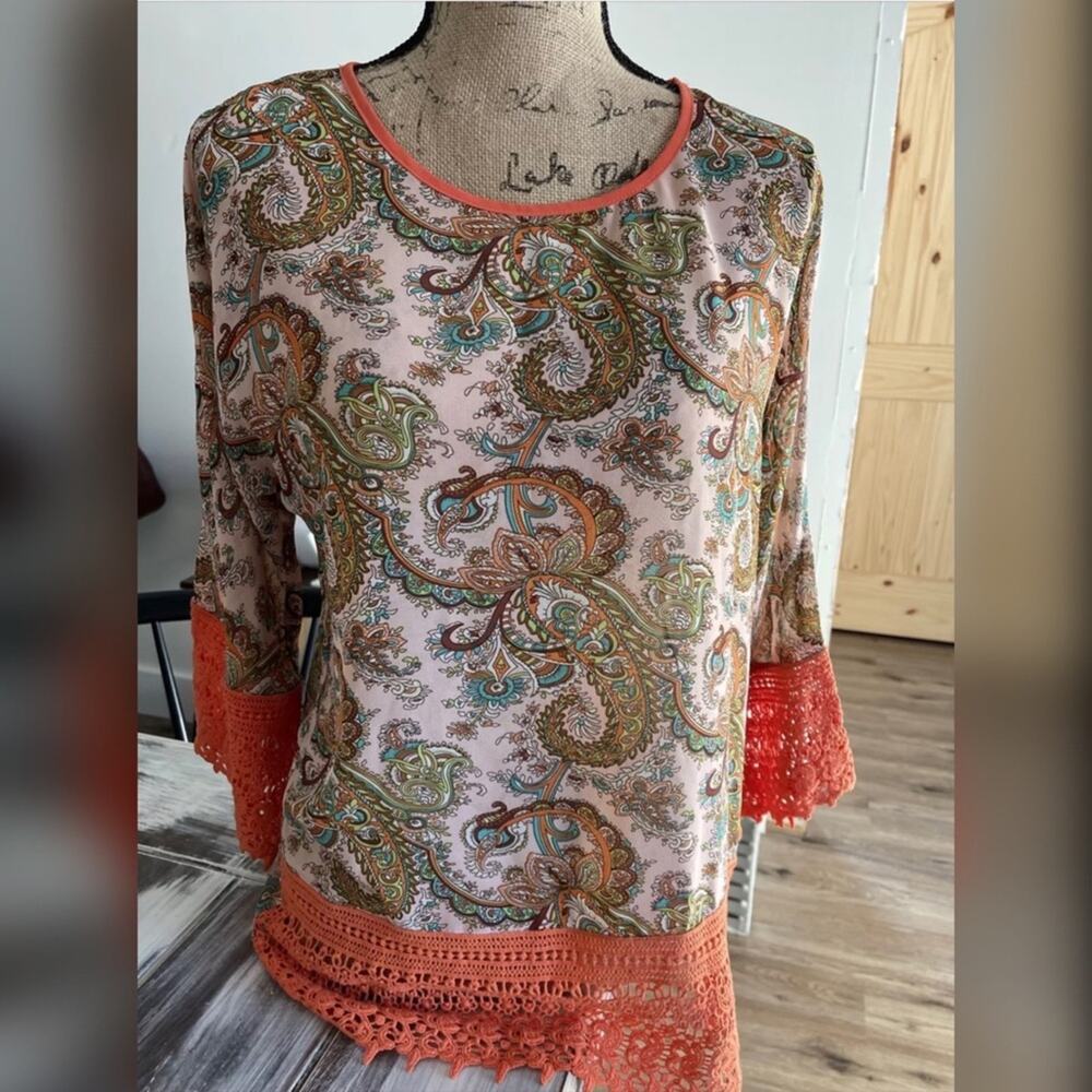 Umgee Boho Blouse Floral Paisley Print Orange Crochet Lace Accent Sz Small